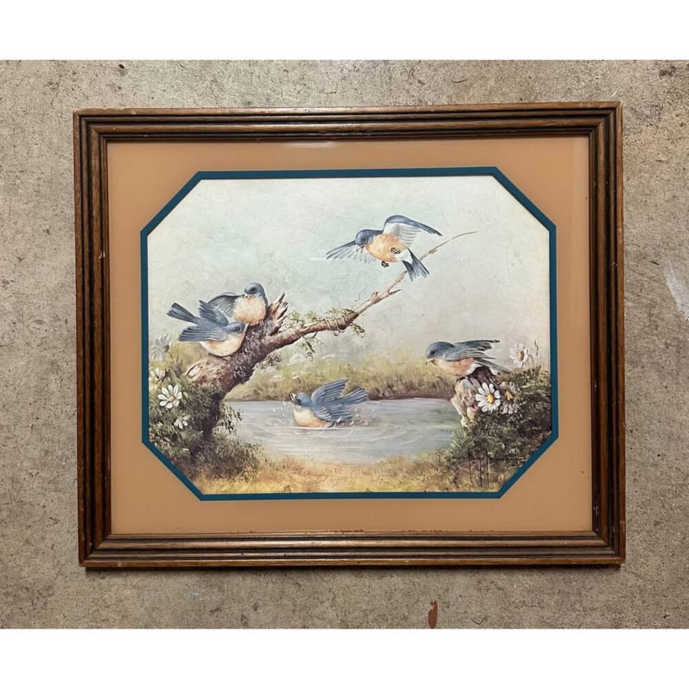 Morgie Morrow Framed Print – Bluebirds (1983) – Vintage Country Art – 19” x 16”